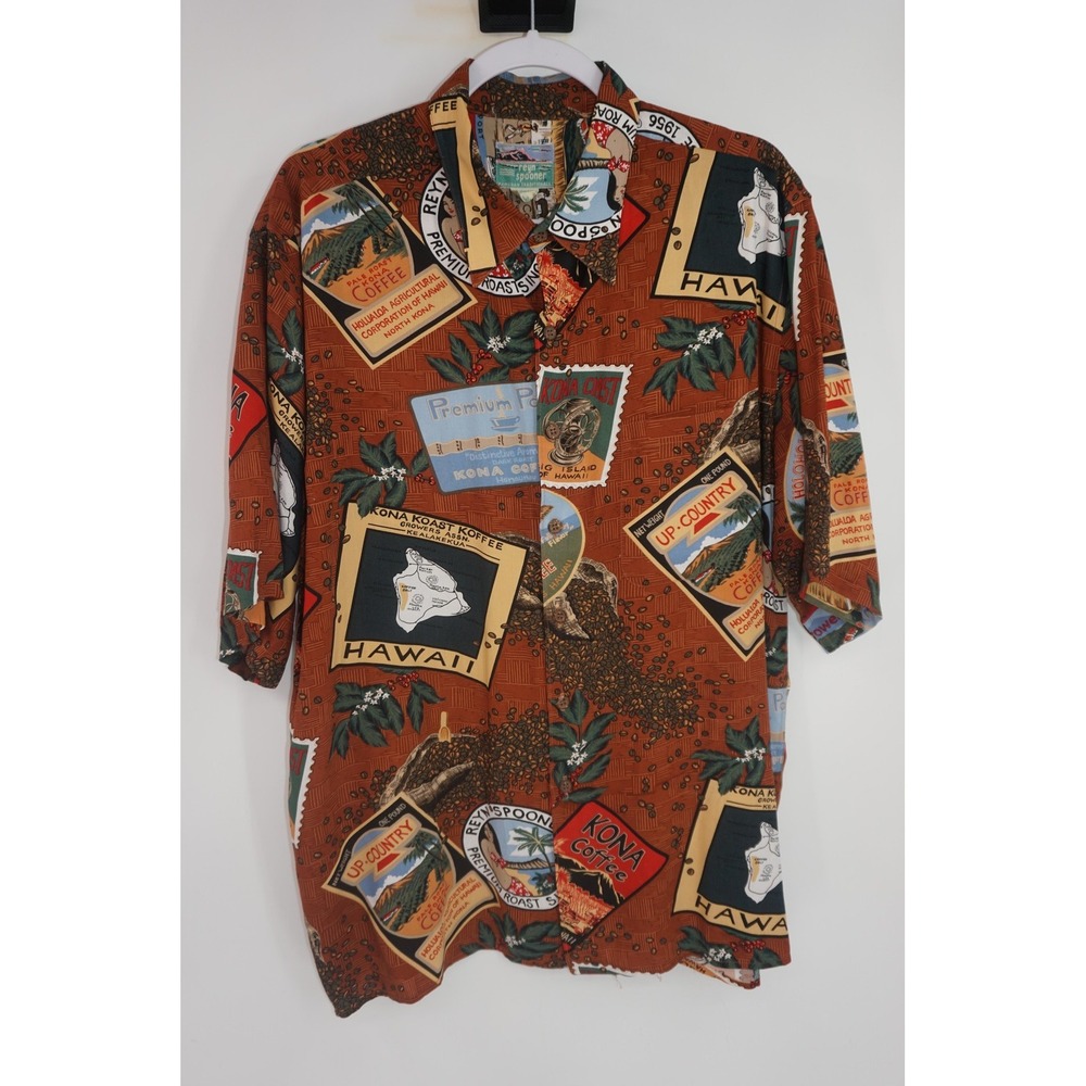 Vtg Reyn‎ Spooner Shirt Kona Coffee Hawaiian Print Short Sleeve Button Up Large